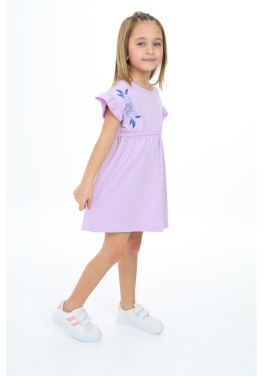 Toontoy Kız Çocuk Nakışlı Elbise Lila