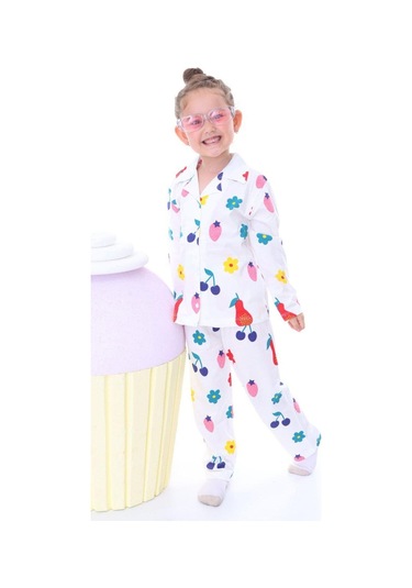 Kiz Çocuk Desenli Düğmeli Uzun Kollu Pi Jama Takimi-1074 Çok Renkli