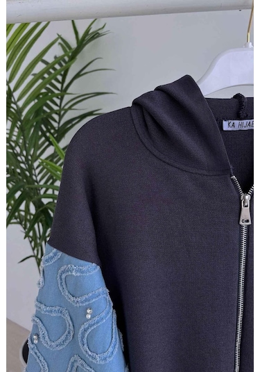 Ka Hijab Kolları Kot Detaylı Triko Hırka - Füme Füme