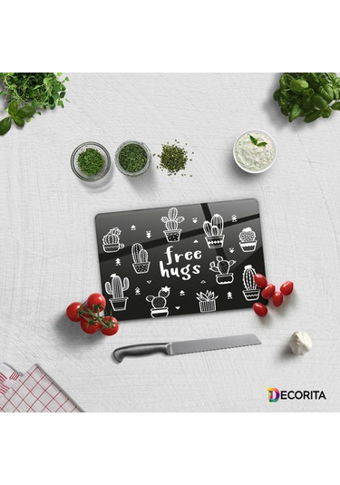 Decorita Cam Kesme Tahtası|Free Hugs-Siyah Fon|20cm x 30cm