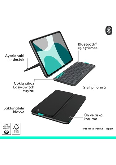 Logitech Flip Folio İpad Pro 11 İnç M4 , İpad Air 11 İnç M2 Ve M3 , İpad Air 5. Nesil İle Uyumlu Türkçe Klavyeli Tablet Kılıfı, Siyah Siyah