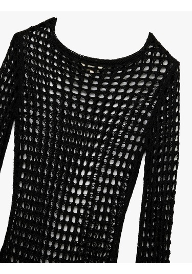 Koton Slim Fit Uzun Kollu Bisiklet Yaka Mini Kroşe File Plaj Elbisesi Siyah 5sak80001mt Siyah