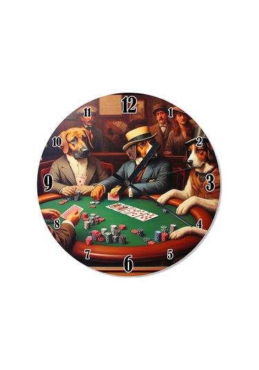 İskambil Kartları Ve Köpekler Şekilli Duvar Saati