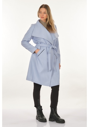 Tdee Concept Kruvaze Yaka Bağlama Detaylı Mavi Kadın Kaban 22295004 001