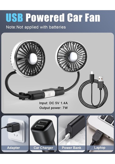 Yifomall Araba Arka Koltuk 360 Döner Usb Fan - 3 Hızlı Çift Başlı Led Işıklı Soğutucu, 12v/24v Uyumlu, Kolay Kurulum