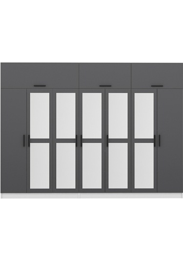 Minar Kale 7 Kapaklı 5 Aynalı 4 Ç Dolap Ve Yüklük Beyaz Antrasit 255cm Çok Renkli