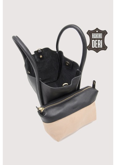 Hakiki Deri Kadın Organizerlı El Çantası Siyah Smr9206 Siyah