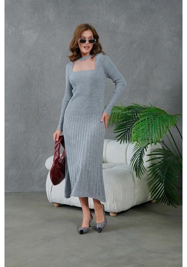 Kadın Bisiklet Yaka Tül Detay Maksi Boy Fitilli Triko Elbise Gri