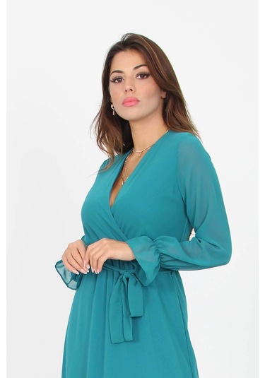 Kadın Kuşaklı Uzun Şifon Elbise Dpkts003 Petrol Mavisi