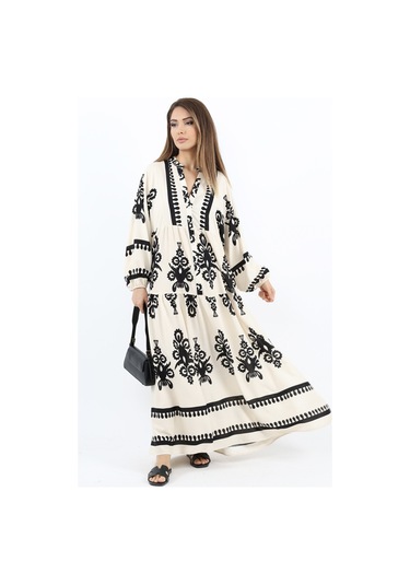 Prive Kadın Şal Desen Maksi Boy %100 Viskon Krem Siyah Uzun Elbise