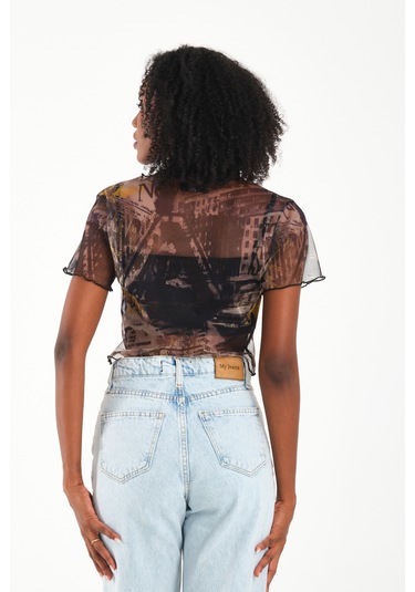 By Papi Baskılı Tül Crop Yeşil