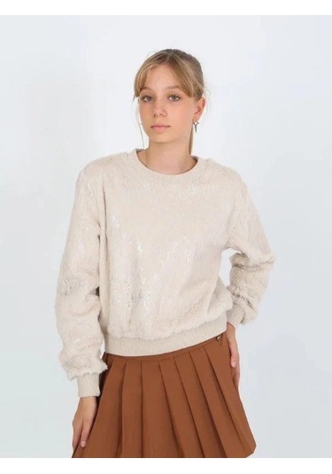 Kız Çocuk Peluş Işıltılı Kazak-14813 Bej