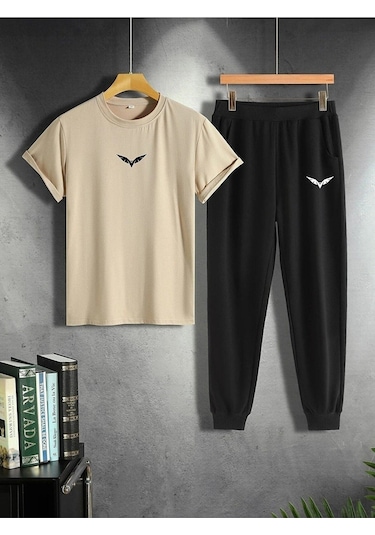 Kanat Vizon T-shirt Siyah Eşofman Altı Jogger - Baskılı Alt Üst Takım Oversize Bisiklet Yaka Vizon Siyah