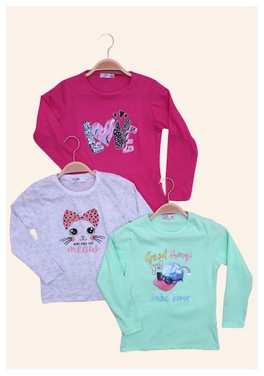 3'lü Love-cat Meow-good Things Baskılı Kız Çocuk Uzun Kol Fuşya-gri-yeşil Sweatshirt Çok Renkli