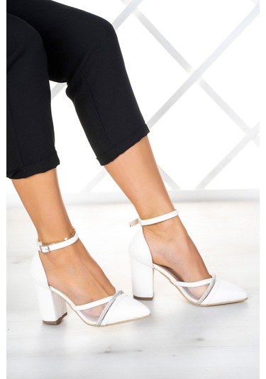 Molly Beyaz Vegan Taşlı Fileli Kalın Topuklu Ayakkabı