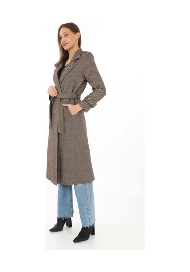 Kadın Balık Sırtı Kaşe Kaban Uzun Boy Kruvaze Yaka Kuşaklı Astarlı Kışlık Tesettür Kaban, Yünlü Do Vizon