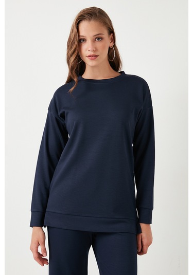 Lela Streç Oversize Fit Bisiklet Yaka Modal Kumaş Bayan Sweat 5865877 Lacivert