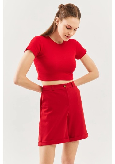 Kadın Kısa Kol Bisiklet Yaka Vücuda Oturan %100 Pamuklu Kaşkorse Esnek Crop Bluz Kırmızı