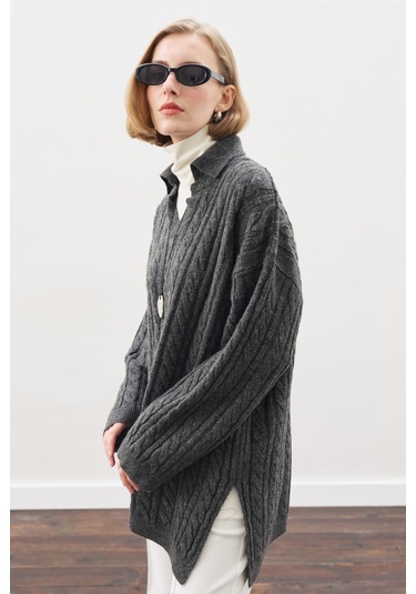 Yakalı Saç Örgü Kazak Antrasit Antrasit