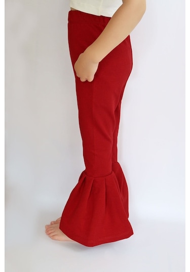 Kız Çocuk Kırmızı İspanyol Paça Yüksek Bel Lastikli Tayt Pantolon Alt-0004.3 Kırmızı