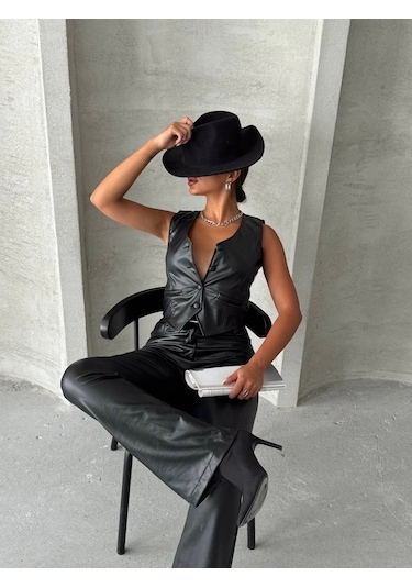Femina Trendy Kaplama Düğmeli Deri Yelek Siyah S24398 Siyah