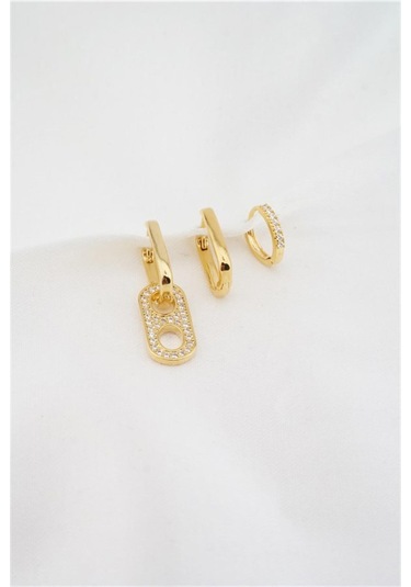 Kadın Altın Kaplama Zirkon Taşlı 3'lü Küpe Set - Altın