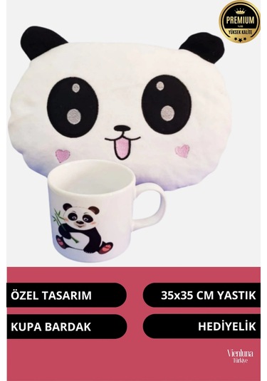 Özel Tasarım Sevgililer Doğum Günü Manita Sevgili Baskılı Kupa Bardak Hediyeli Peluş Panda Yastık