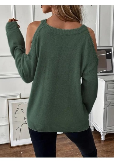 Kadın Uzun Kollu Omuzlardan Açık Askılı Yuvarlak Yaka Triko Bluz Yeşil