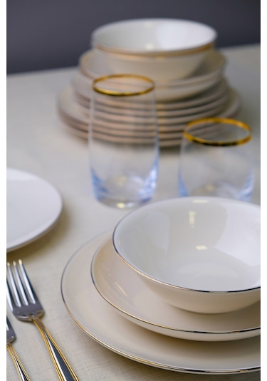 Tabak Evi Chic Altın Yaldız Porselen Yemek Takımı 24 Parça 6 Kişilik Beyaz - Altın