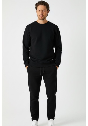 Siyah Relaxed Fit Bisiklet Yaka Sweatshirt Düz Paça Erkek Eşofman Takımı Siyah