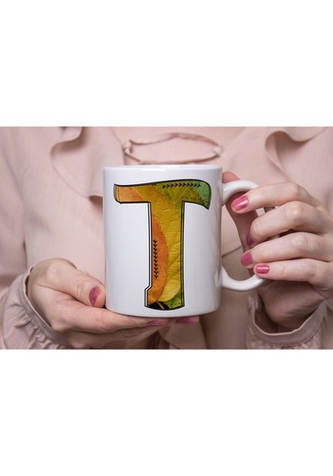 T Harf Yaprak Renkleri İle Kupa Bardak - Kişiye Özel Alfabe Harfli Bardak - Hediye Beyaz