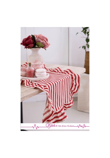 Kırmızı Çizgili 40x125 Şık Tasarım Ekstra Büyük Fırfırlı Runner, %100 Keten Runner Bej