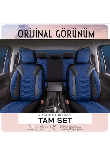 Panda Paris Serisi Pike Kumaş Oto Koltuk Kılıfı Tam Set Mavi - Siyah
