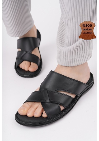 Muggo Eco Garantili Erkek Günlük Hakiki Deri Rahat Yumuşak Taban Ortopedik Terlik Siyah