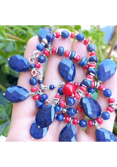 2745 Lapislazuli Mercan Hematit Çelik Aparatlı El Yapımı Kolye Çok renkli