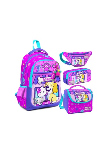 Coral High Kedi Köpek Desenli Kız Çocuk Okul Beslenme Kalemlik Ve Bel Çantası Seti - İlkokul İçin Uygun