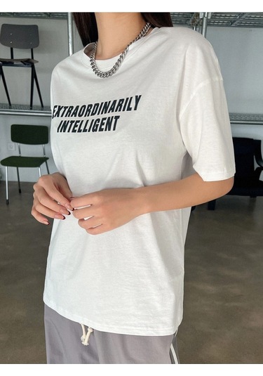 Kadın Beyaz Oversize Extraordinarily Baskılı Örme T-shirt Beyaz