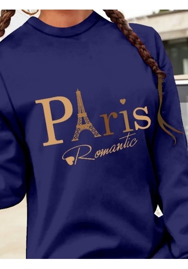 Stilaura Kadın Uzun Kollu Bisiklet Yaka Yazılı Kısa Viskon Iki Iplik Elbise Lacivert