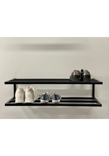 Aju Ayakkabılık, Modern 2 Katlı Açık Ayakkabı Rafı, Çok Amaçlı Düzenleyici Duvara Monte Metal Raf Siyah