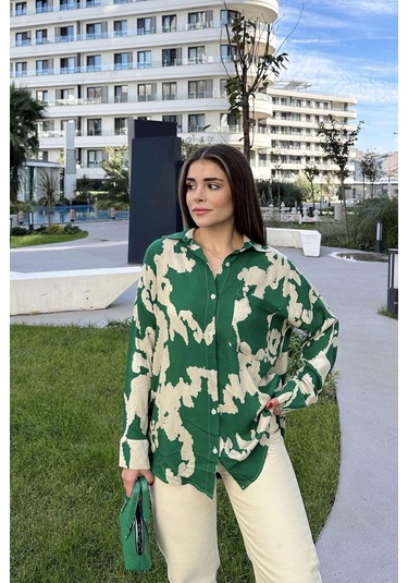 Kadın Yeşil Uzun Kol, Arkası Pliseli, Salaş Dökümlü, Viskon Gömlek Yeşil