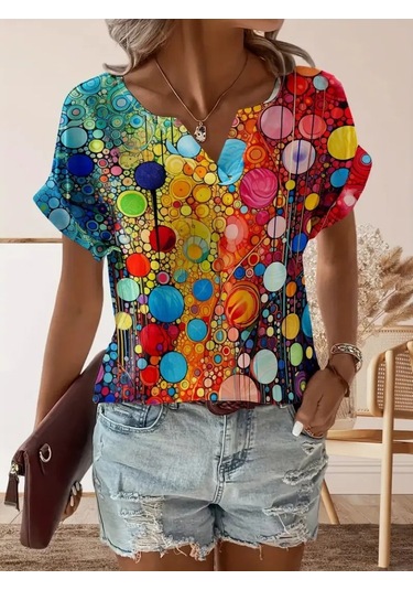 Kadın Kısa Kollu V Yakalı Desenli Süprem Bluz Desenli