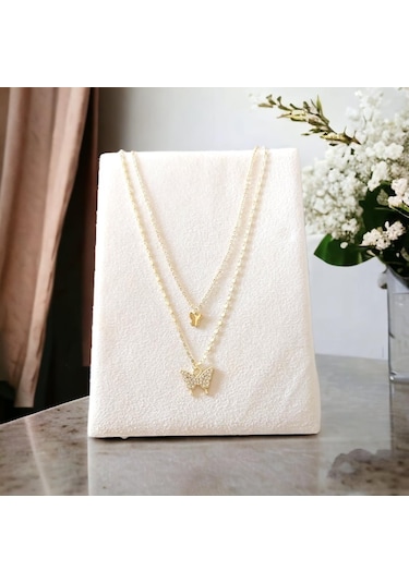 Çift Katlı Kadın Kelebek Kolye - Kararmaz Altın Kaplama