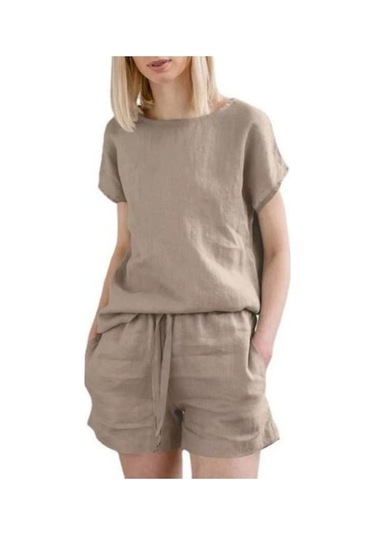 Novahub Kadın İki Parça Takım Pamuklu Keten Yazlık Eşleşen Salon Takımı Rahat Takım Ten - Xl Ten
