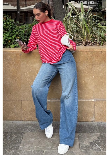 Kırmızı Çizgili Sweatshirt Mg2572 Kırmızı