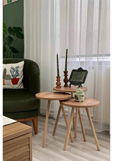 3'lü Zigon Sehpa Seti Saksılık Ve Çiçeklik Standı, Dekoratif Yan Sehpa Ahşap Ayaklı 33 Cm Çap - Atlantik Çam Atlantik Çam