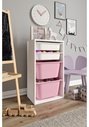 %100 Mdf - Small Mono 4 Sepetli Oyuncak Dolabı Pembe