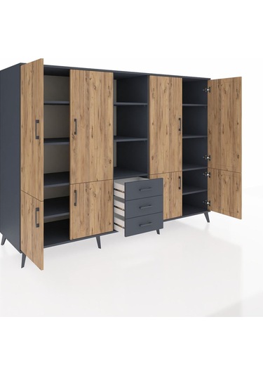 Kronos Dolap 11 Raflı 3 Çekmeceli 8 Kapaklı 220x59x163 Antrasit-ç Antrasit-çam/antrasit