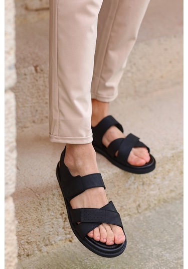 Hakiki Deri Kalın Bantlı Çift Cırt Cırtlı Ortopedik Erkek Sandalet Terlik Siyah