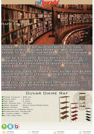 Rafburada Rafburada® 5 Katlı Kitaplık. Ahşap Duvar Rafı. Dekoratif Raf.