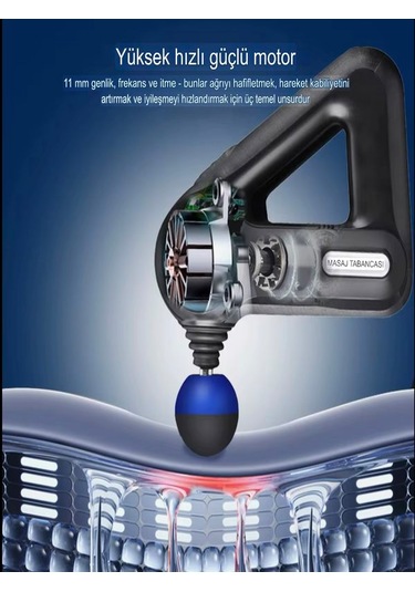 Şarjlı Profesyonel Masaj Tabancası - Çok Fonksiyonlu, 12 Başlıklı Siyah
